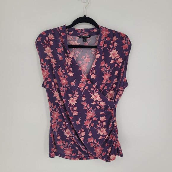 41 Hawthorn womens large purple pink floral sleeveless faux wrap stretchy top - Picture 10 of 10